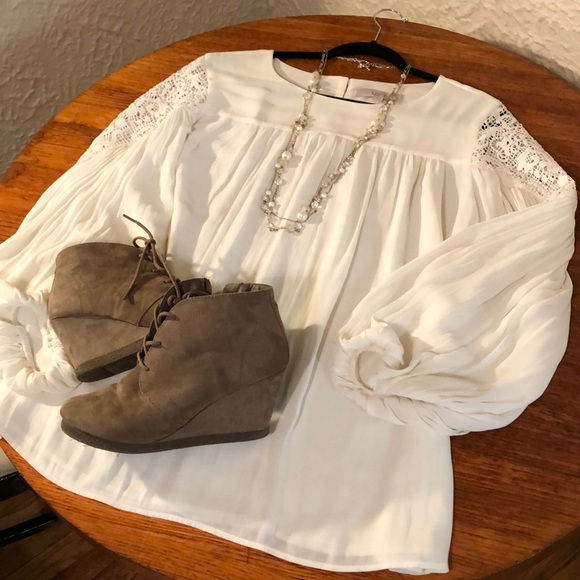 NEW PICS!! Loft Boho Tunic Length Flowy Ivory Top - Picture 1 of 8